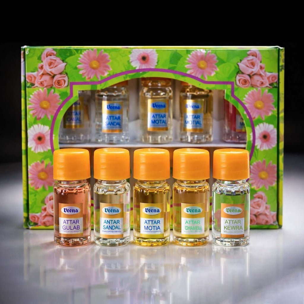 Veena Premium Attar Gift Set | Pack of 5 Luxury Long-Lasting Pure Perfume Oils Multi-Pack