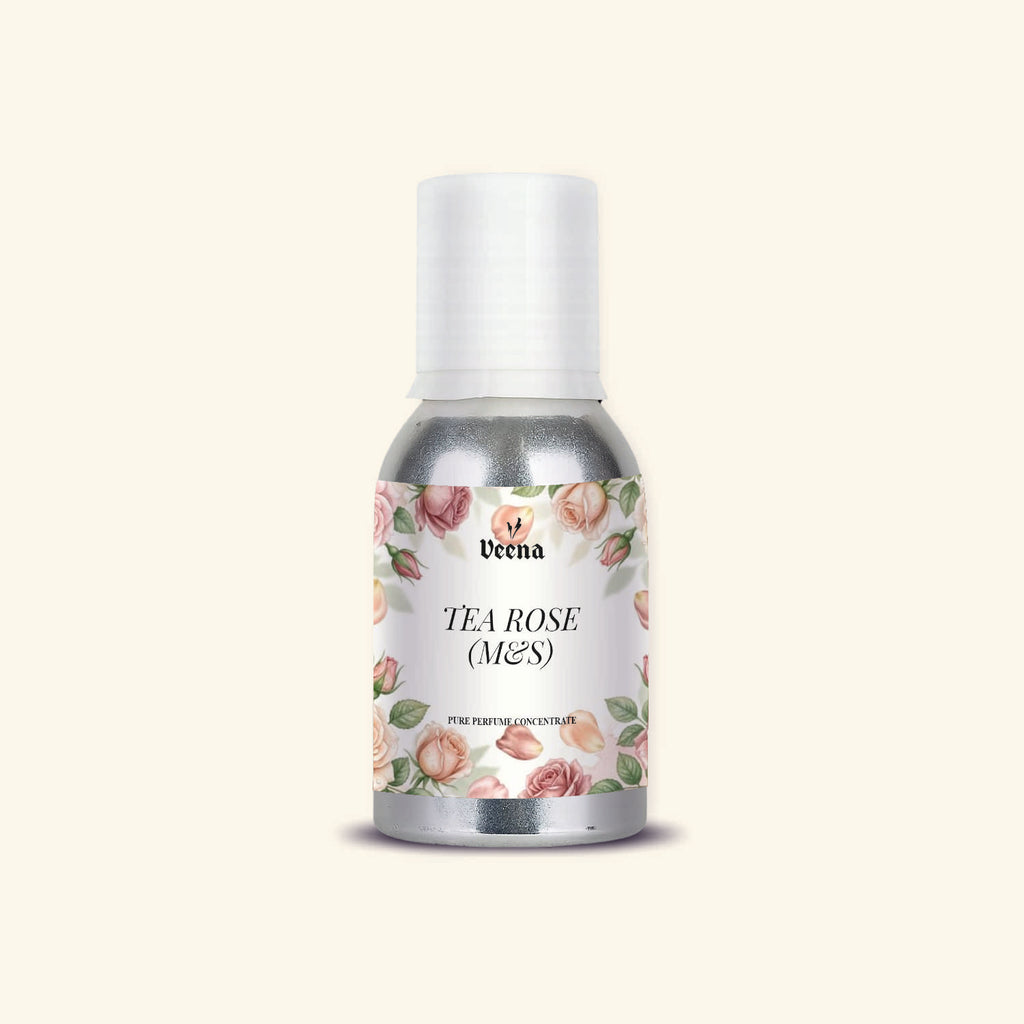 "Veena Tea Rose M&S Pure Perfume Concentrate premium elegant crisp rose fragrance oil bottle