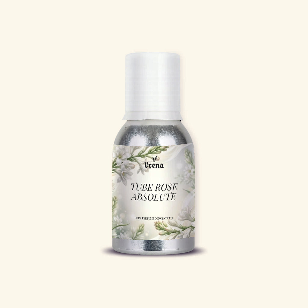 "Veena Tube Rose Absolute Pure Perfume Concentrate rich rajnigandha white floral fragrance oil bottle".