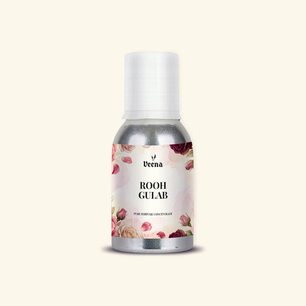 "Veena Rooh Gulab Pure Perfume Concentrate traditional rose fragrance oil bottle".
