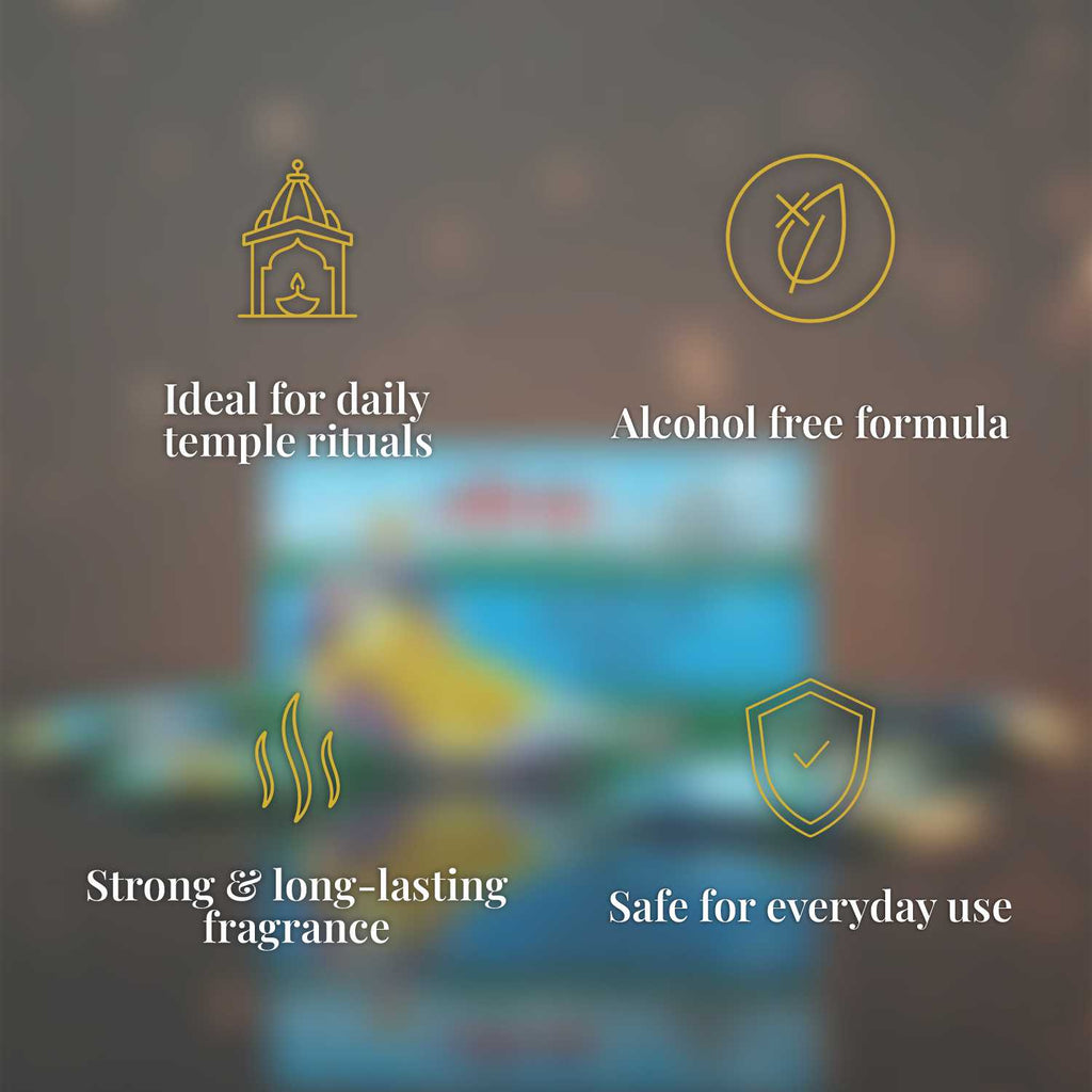 An infographic explaining Veena Scent of Flowers benefits including icons for Ideal for daily temple rituals, Alcohol free formula, Strong and long lasting, and Safe for everyday use.