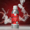 Veena White Musk Premium Vaporizer and Diffuser Oil 100ml bottle highlighted against a dark red background layered with white abstract smoke rings.
