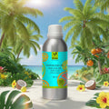 Veena Citrus Fresh Premium Vaporizer and Diffuser Oil 100ml bottle positioned on a sunny tropical sand beach flanked by palm trees and fresh citrus fruits.