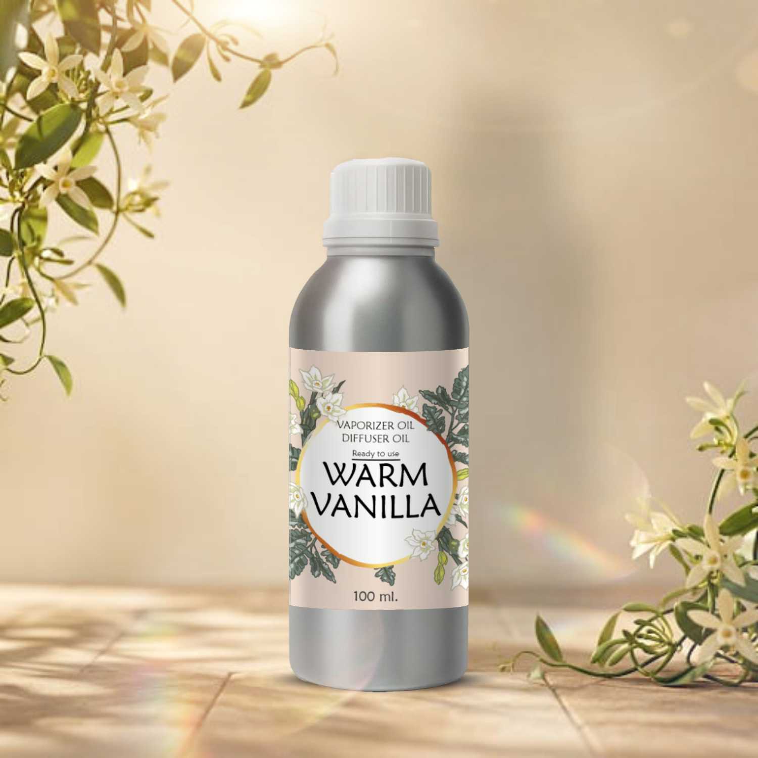 Veena Warm Vanilla Premium Vaporizer and Diffuser Oil 100ml canister placed on a sunny wooden patio surrounded by white jasmine flowers.