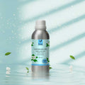 Veena Jasmine Premium Vaporizer and Diffuser Oil 100ml bottle standing on a water ripple surface effect with floating green leaves.