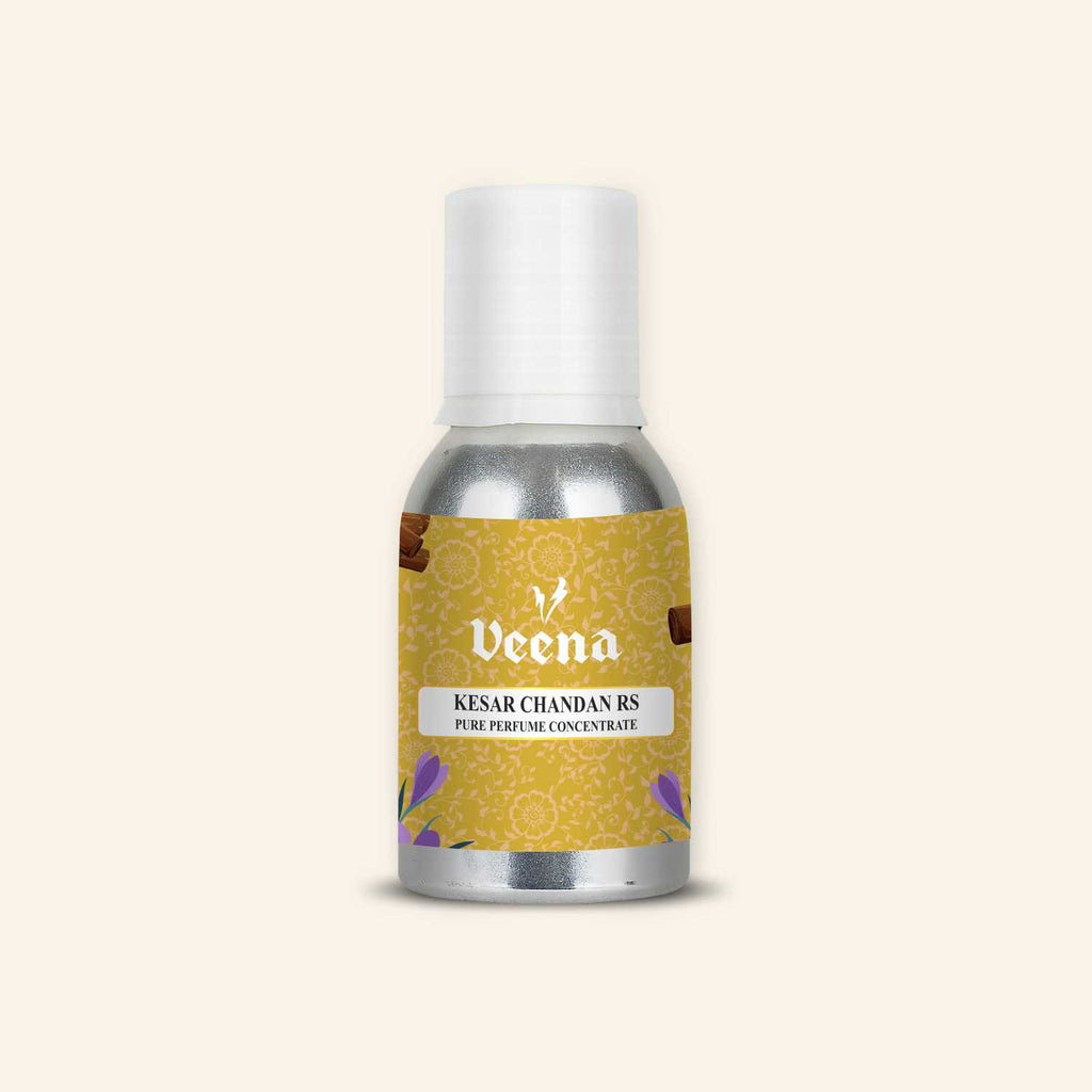 Veena Kesar Chandan RS Pure Perfume Concentrate aluminum bottle with premium golden floral, saffron crocus, and cinnamon stick design label.