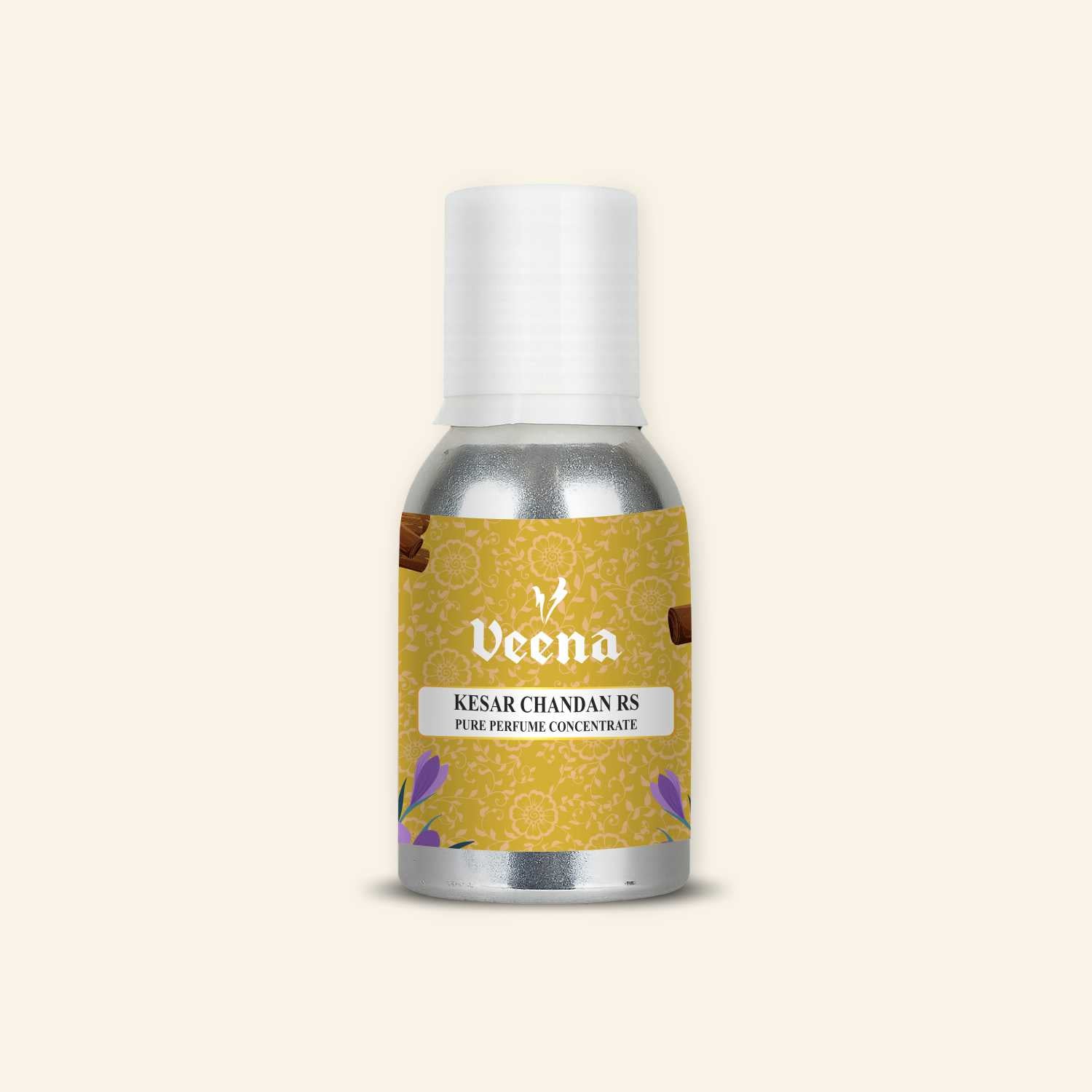 Veena Kesar Chandan RS Pure Perfume Concentrate aluminum bottle with premium golden floral, saffron crocus, and cinnamon stick design label.