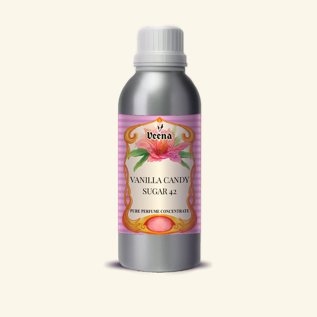 Veena Vanilla Candy Sugar 42 Pure Perfume Concentrate silver aluminum bottle with pink floral candy label premium fragrance oil