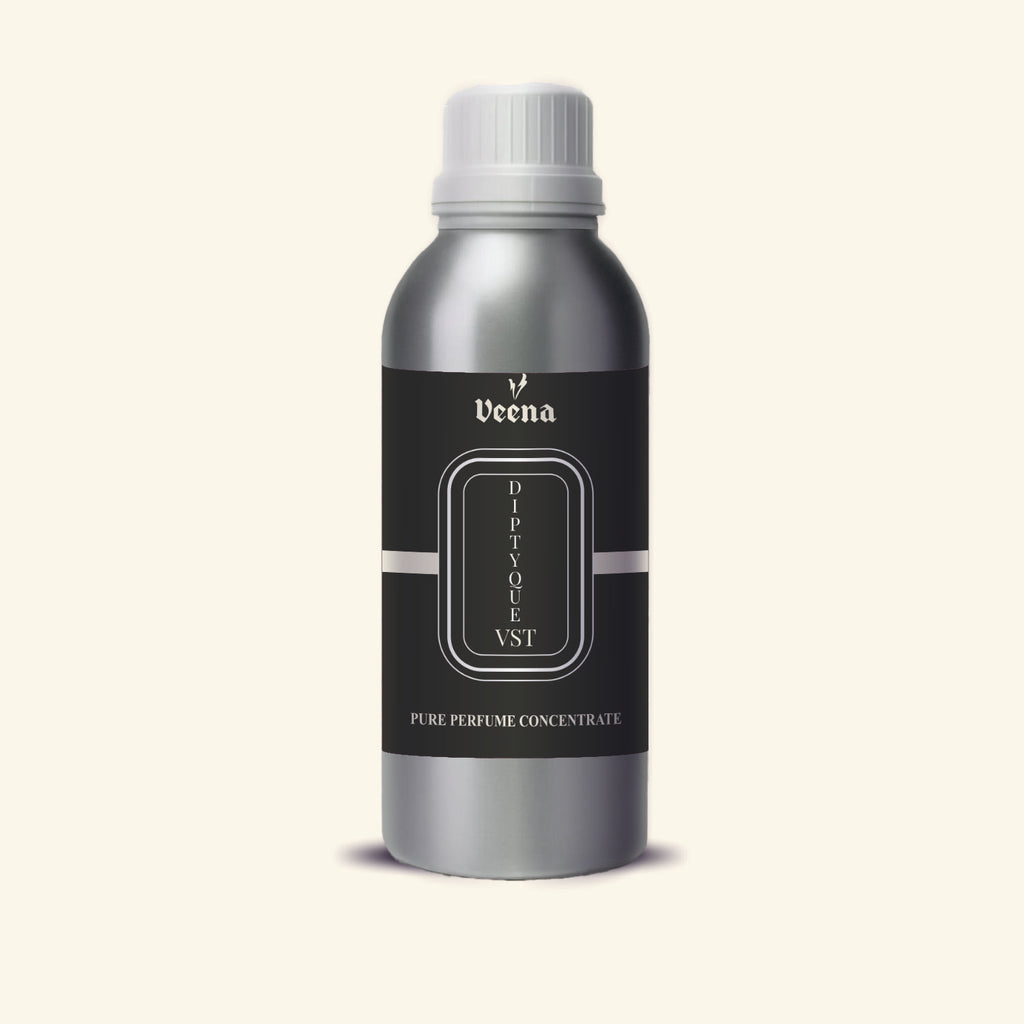 Veena Diptyque Vst Pure Perfume Concentrate silver aluminum bottle with minimalist black silver label premium fragrance oil