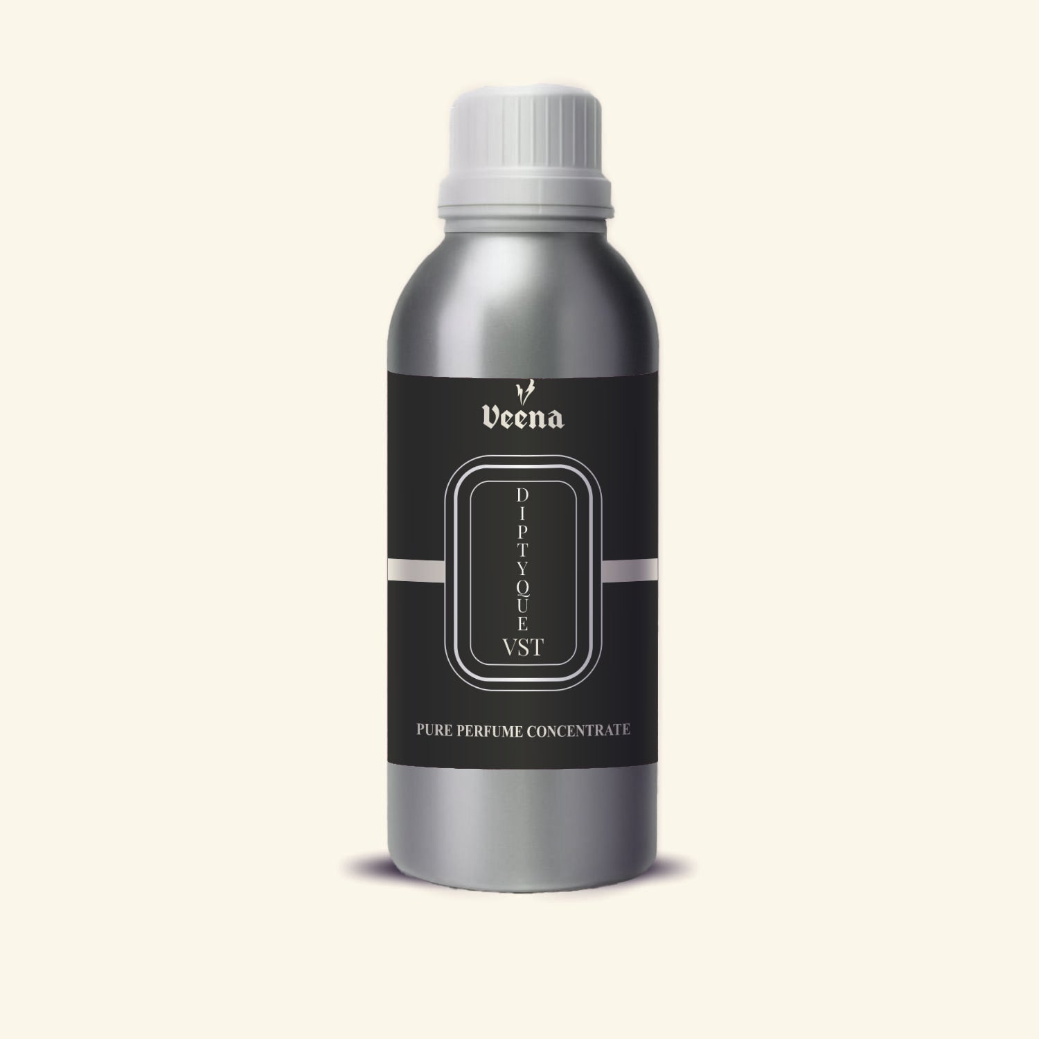 Veena Diptyque Vst Pure Perfume Concentrate silver aluminum bottle with minimalist black silver label premium fragrance oil