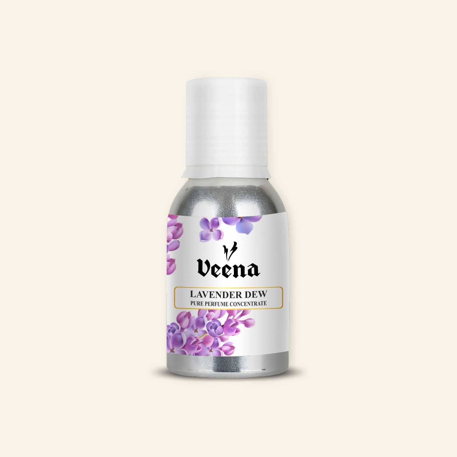 Veena Lavender Dew Pure Perfume Concentrate protective aluminum canister with clean white background and purple lavender flower clusters graphic label.