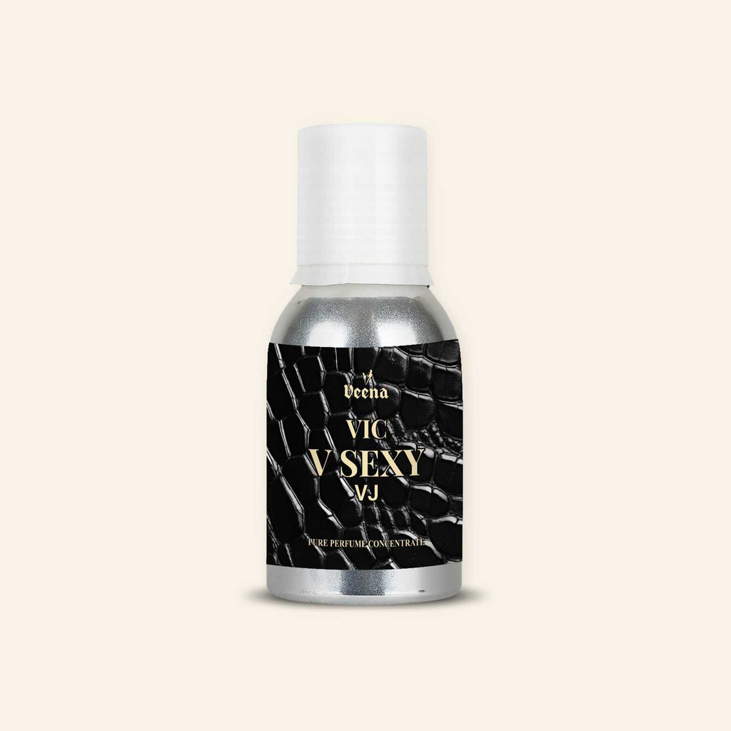 Veena VIC V SEXY VJ Pure Perfume Concentrate in a Premium Silver Aluminum Bottle with a Striking Black Crocodile Skin Leather Textured Label and Elegant Gold Typography