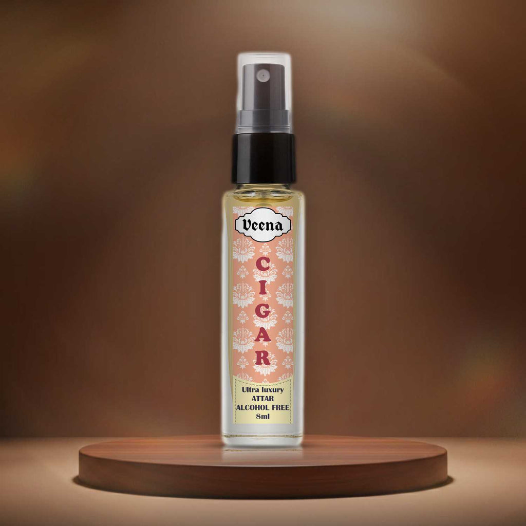 Veena Cigar premium concentrated alcohol-free 8ml perfume spray bottle showcased on a smooth round dark walnut wood podium under warm golden backlighting.