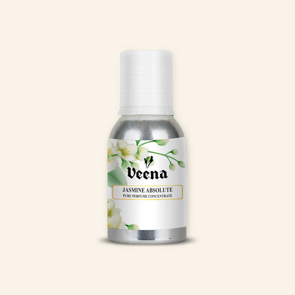 Veena Jasmine Absolute Pure Perfume Concentrate silver aluminum bottle with delicate white jasmine blossoms and green leaves illustration label.