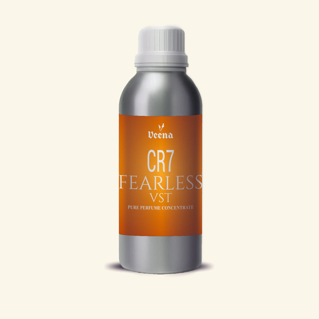 Veena CR7 Fearless Vst Pure Perfume Concentrate silver aluminum bottle with orange gradient label premium fragrance oil