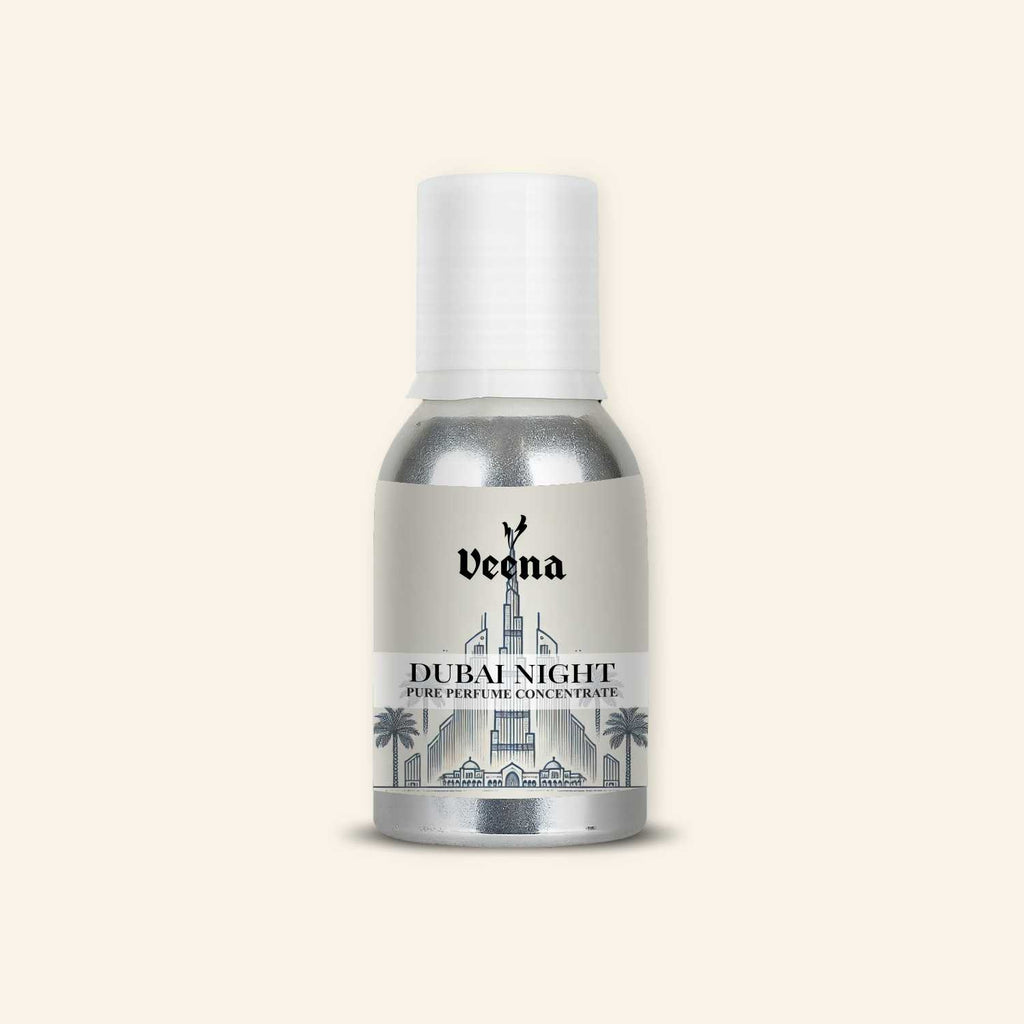Veena Dubai Night Pure Perfume Concentrate aluminum bottle with luxury Arabic skyline label design.