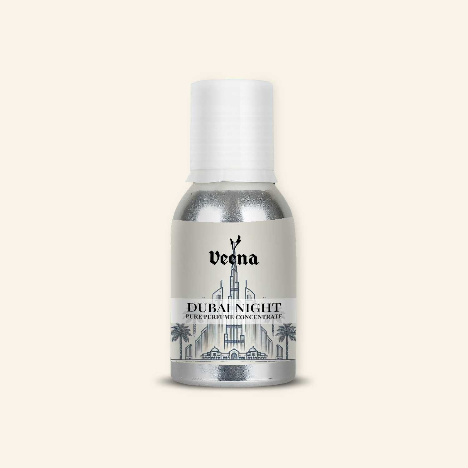 Veena Dubai Night Pure Perfume Concentrate aluminum bottle with luxury Arabic skyline label design.