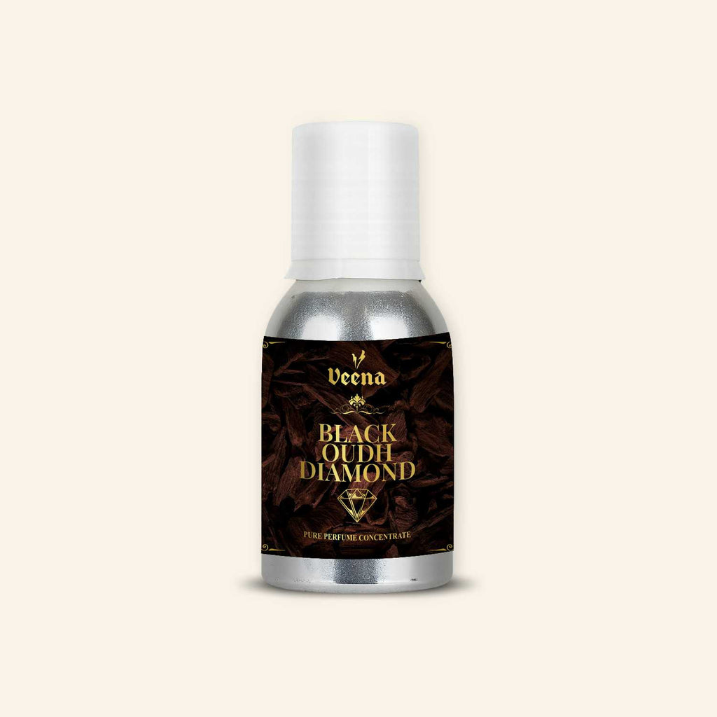 Veena Black Oudh Diamond Pure Perfume Concentrate aluminum bottle with premium dark wood and gold accents label design.