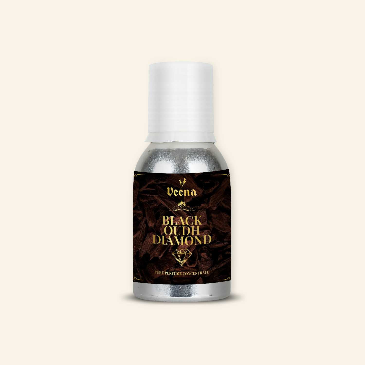Veena Black Oudh Diamond Pure Perfume Concentrate aluminum bottle with premium dark wood and gold accents label design.