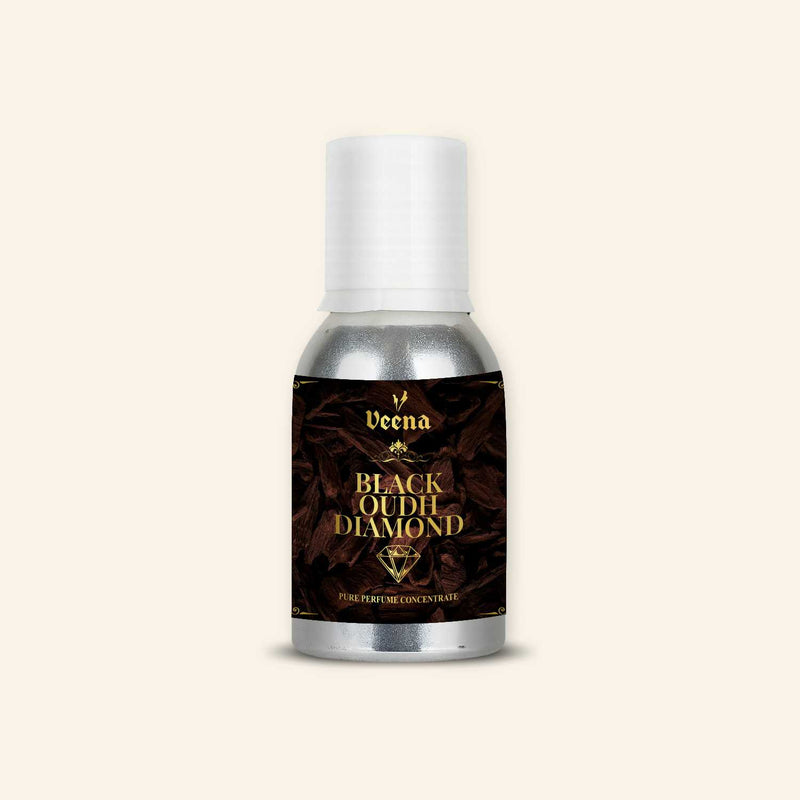 Veena Black Oudh Diamond Pure Perfume Concentrate aluminum bottle with premium dark wood and gold accents label design.