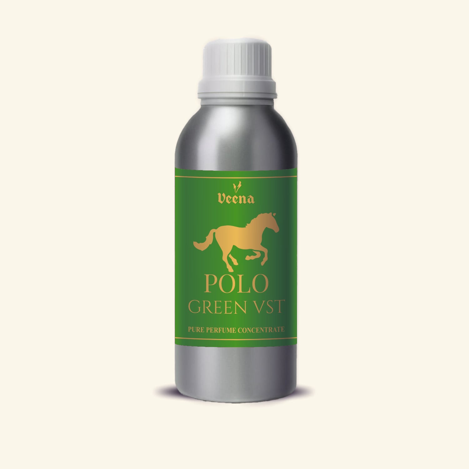 Veena Polo Green Vst Pure Perfume Concentrate silver aluminum bottle with green and gold horse label premium fragrance oil