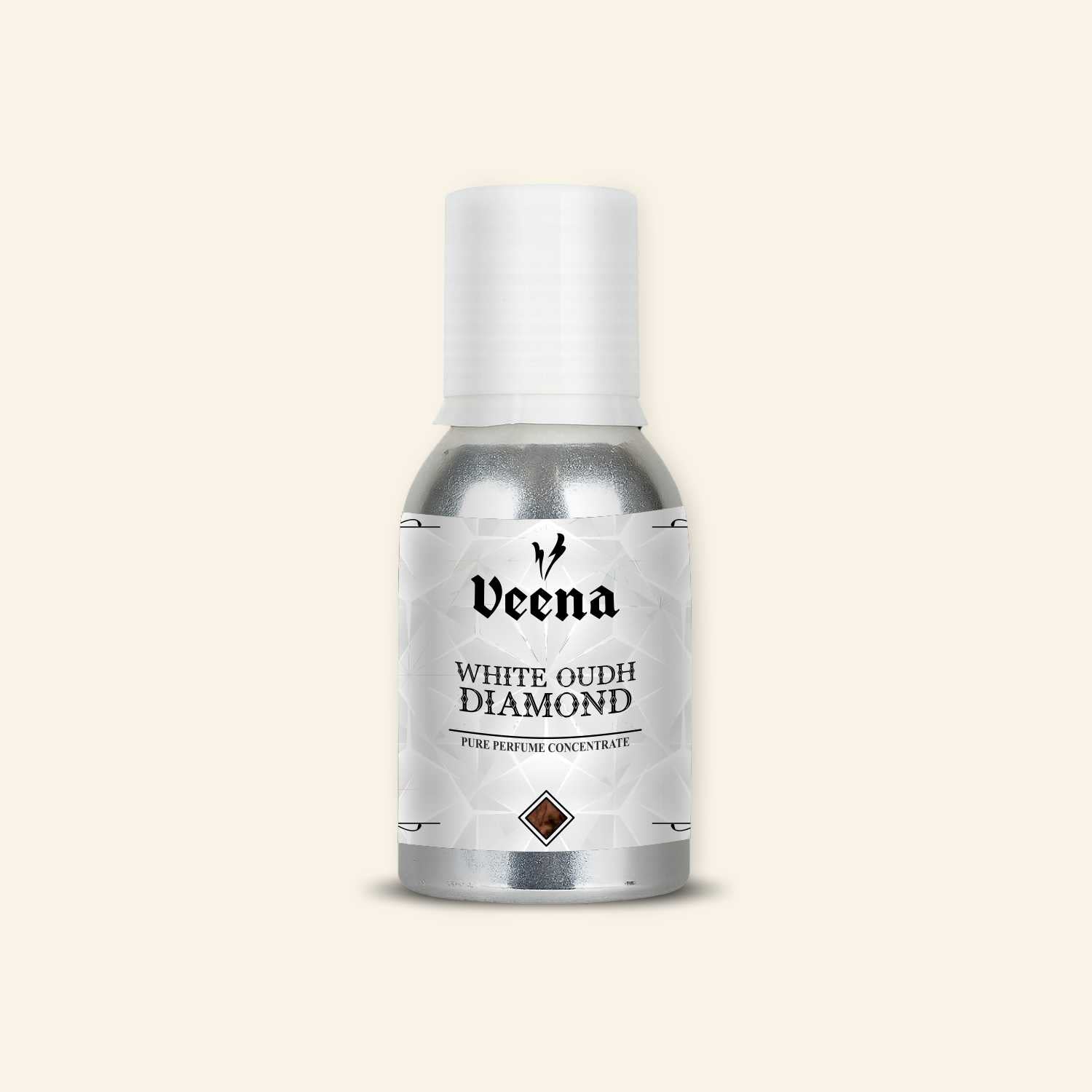 Veena White Oudh Diamond Pure Perfume Concentrate aluminum bottle with premium geometric white diamond texture label design.