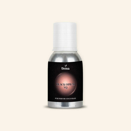 Veena Black Opium VQ Pure Perfume Concentrate in a Premium Silver Aluminum Bottle with an Elegant Deep Black Label Featuring a Glowing Rose Gold Orb and Clean Serif Typography