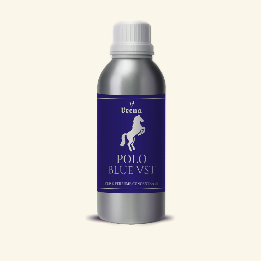 Veena Polo Blue Vst Pure Perfume Concentrate silver aluminum bottle with navy blue and silver horse label premium fragrance oil