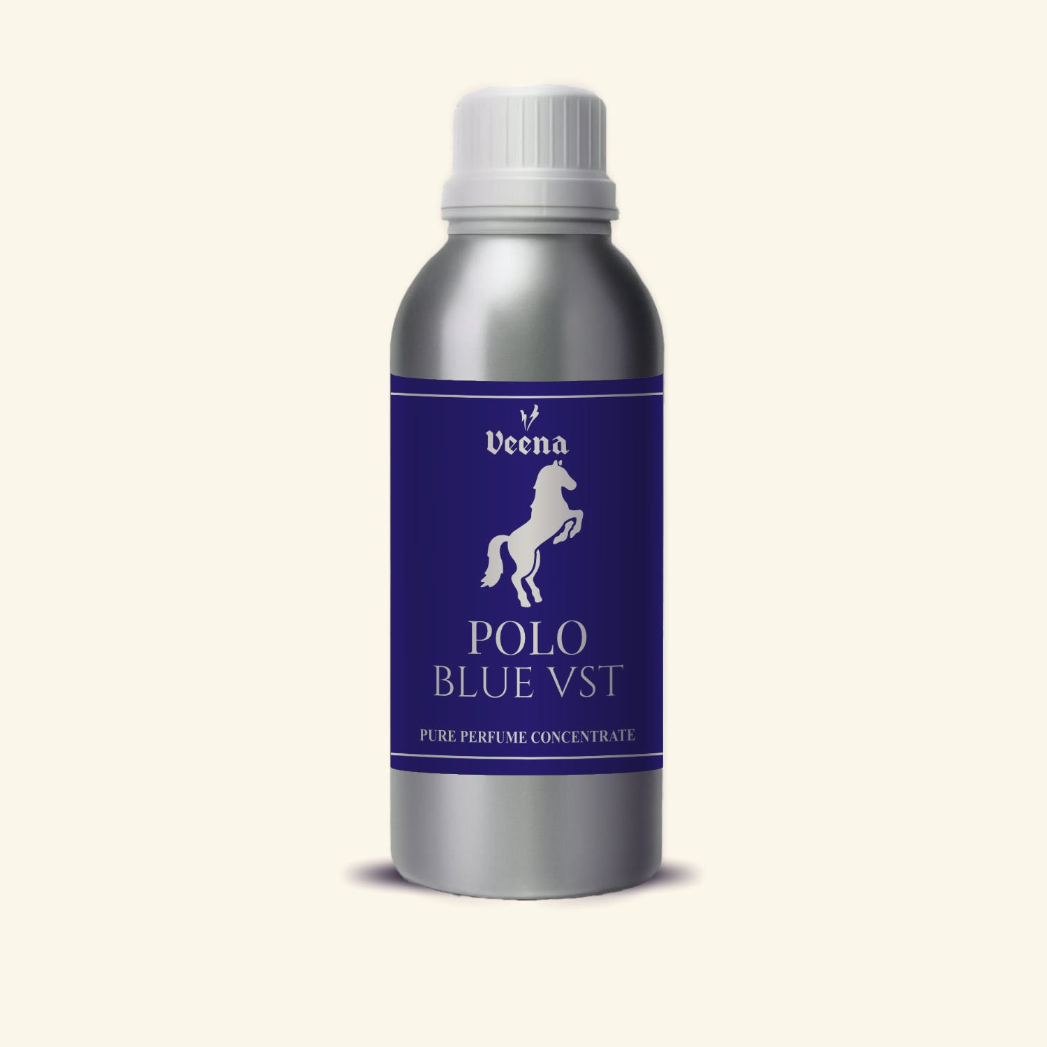 Veena Polo Blue Vst Pure Perfume Concentrate silver aluminum bottle with navy blue and silver horse label premium fragrance oil