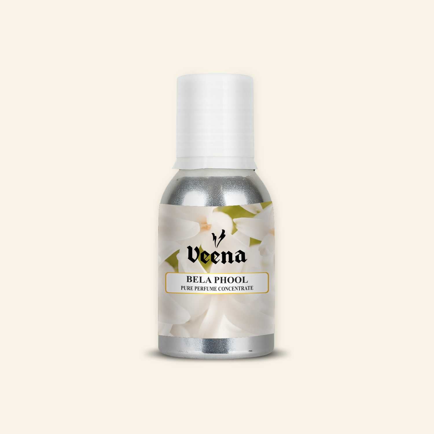 Veena Bela Phool Pure Perfume Concentrate silver bottle featuring soft macro white jasmine flowers (bela phool) blossom label design.