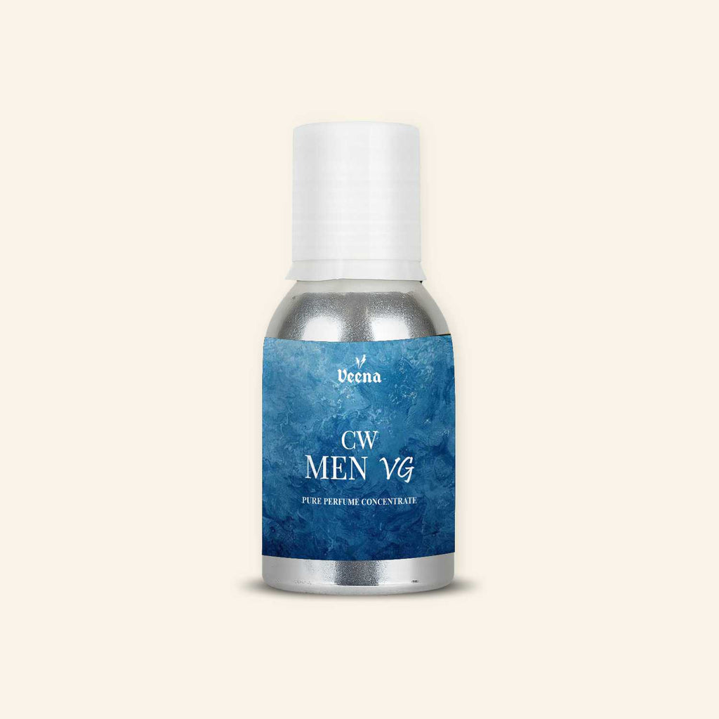 Veena CW Men VG Pure Perfume Concentrate in a Premium Silver Aluminum Bottle with an Elegant Textured Ocean Blue Water Wave Pattern Label
