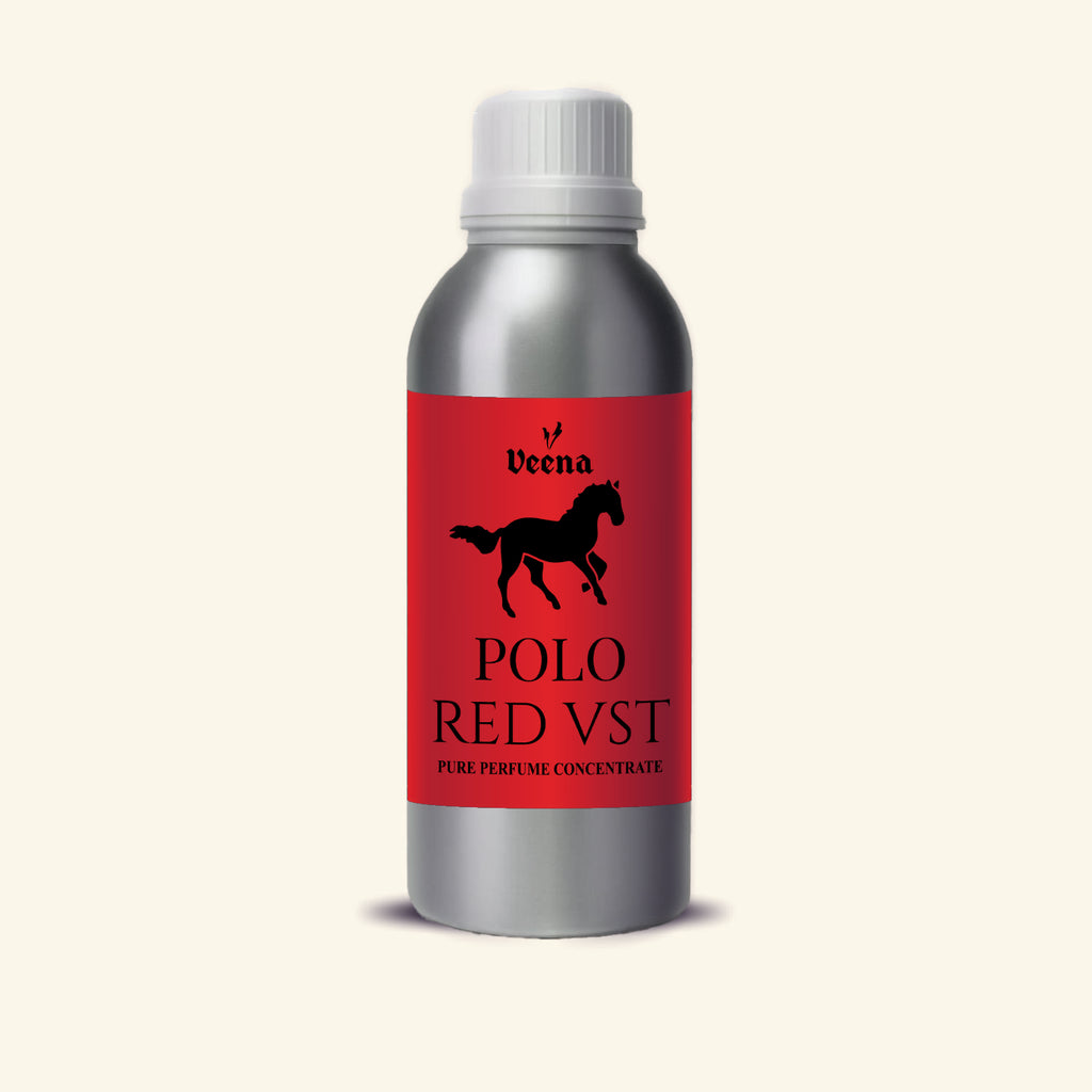 Veena Polo Red Vst Pure Perfume Concentrate silver aluminum bottle with vibrant red and black horse label premium fragrance oil