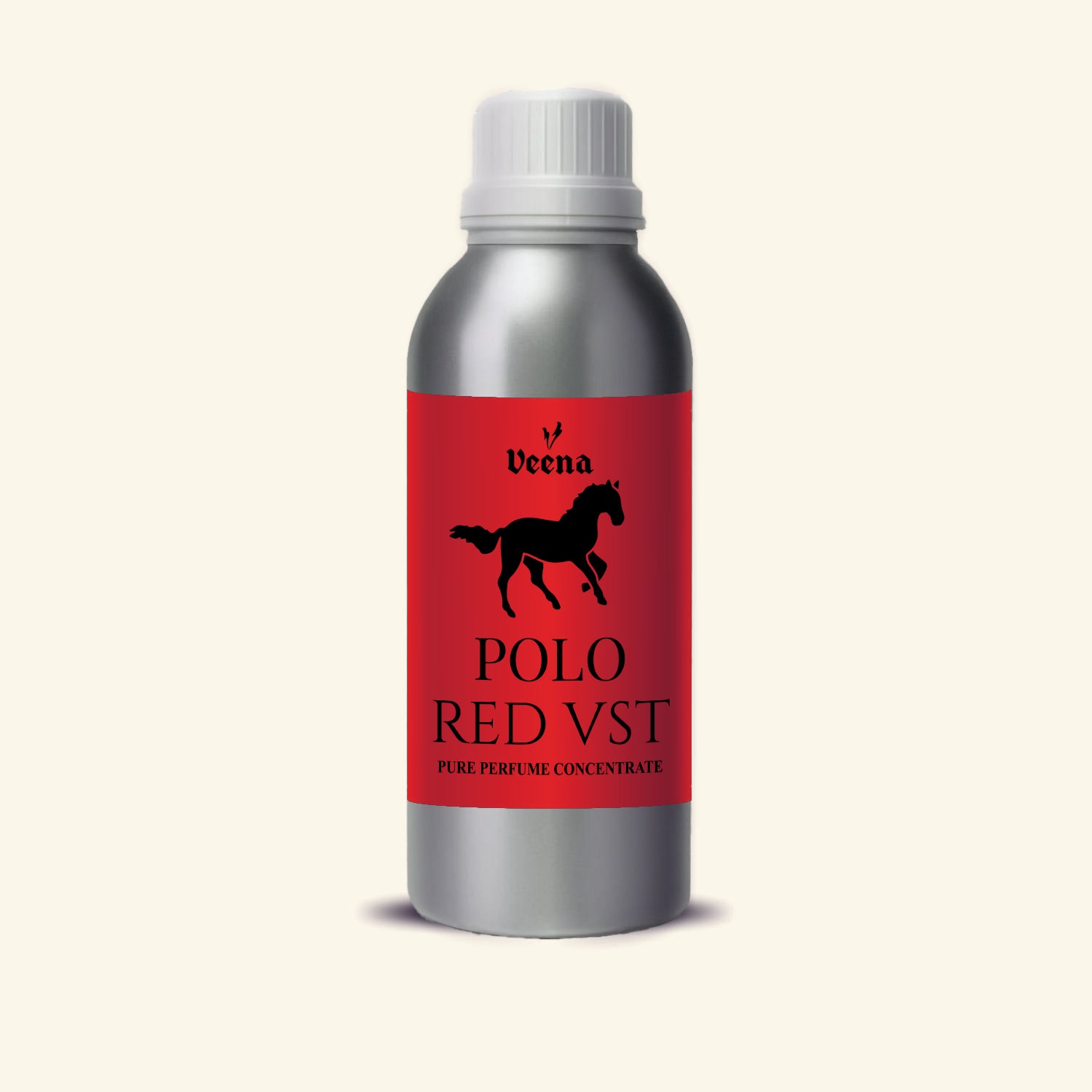 Veena Polo Red Vst Pure Perfume Concentrate silver aluminum bottle with vibrant red and black horse label premium fragrance oil