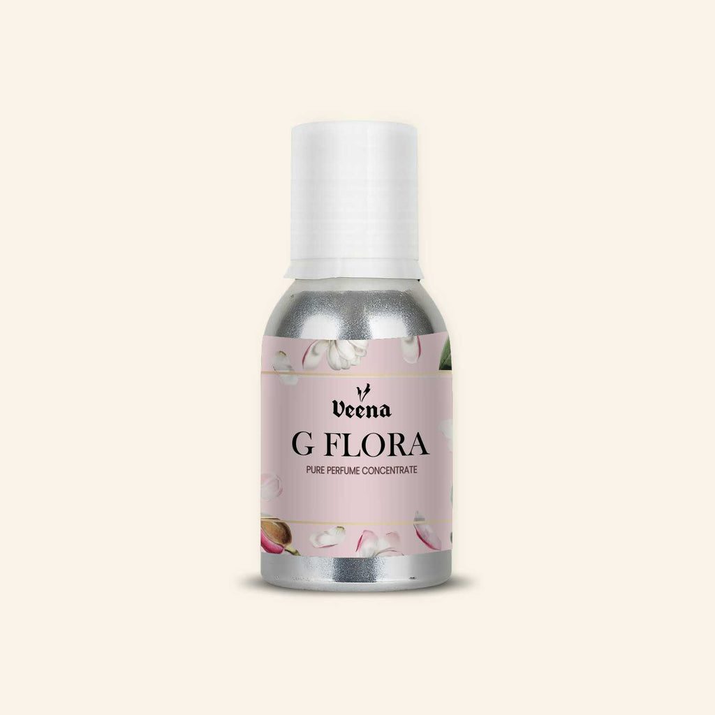 Veena G Flora Pure Perfume Concentrate aluminum bottle on clean background
