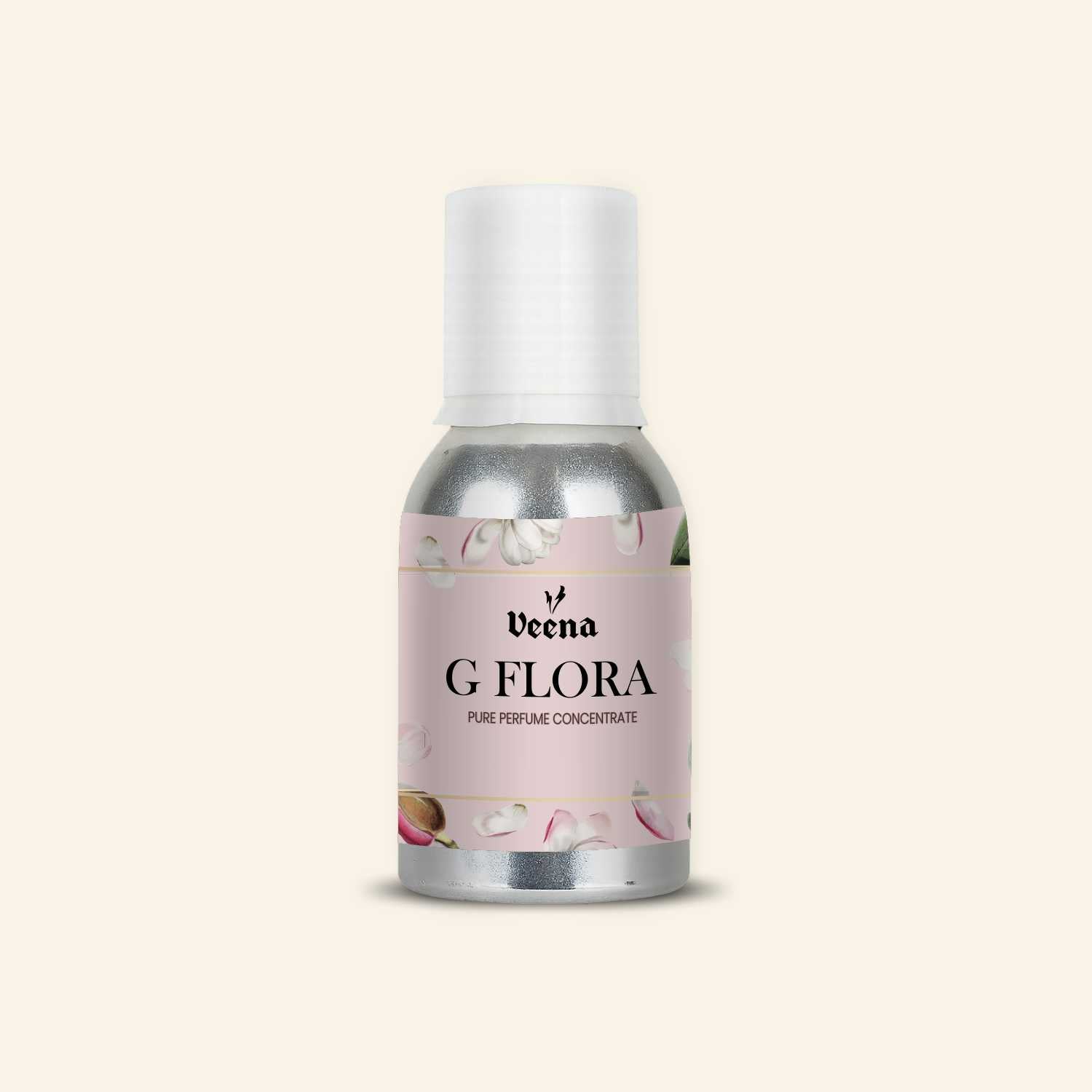 Veena G Flora Pure Perfume Concentrate aluminum bottle on clean background