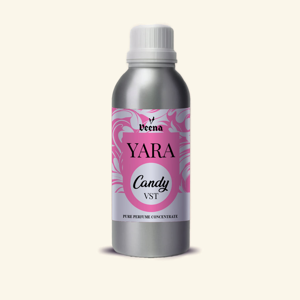 Veena Yara Candy Vst Pure Perfume Concentrate silver aluminum bottle with pink white scroll label premium fragrance oil