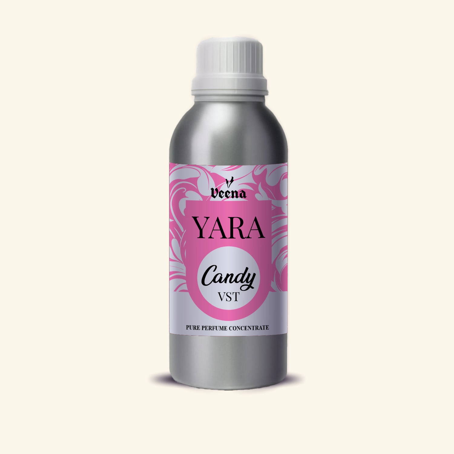 Veena Yara Candy Vst Pure Perfume Concentrate silver aluminum bottle with pink white scroll label premium fragrance oil