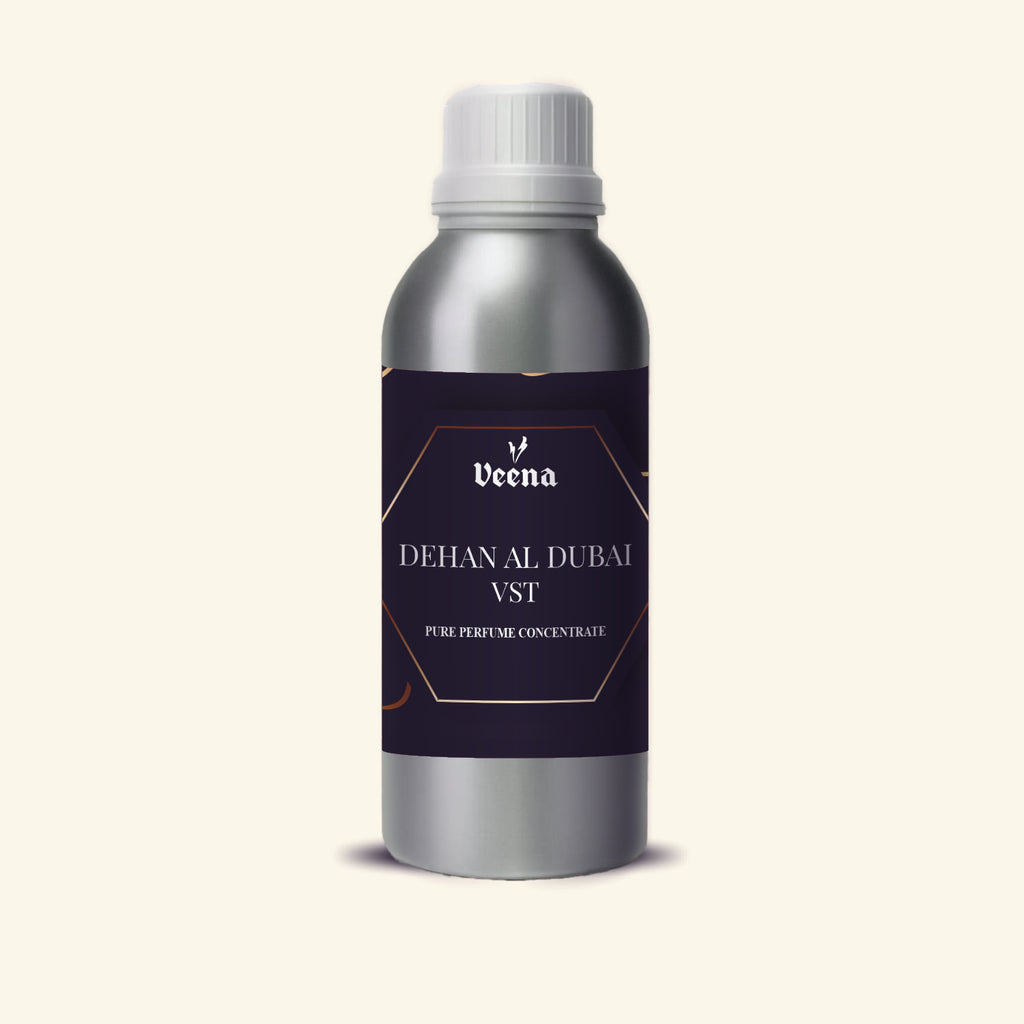 Veena Dehan Al Dubai Vst Pure Perfume Concentrate silver aluminum bottle with black gold hexagon label premium fragrance oil