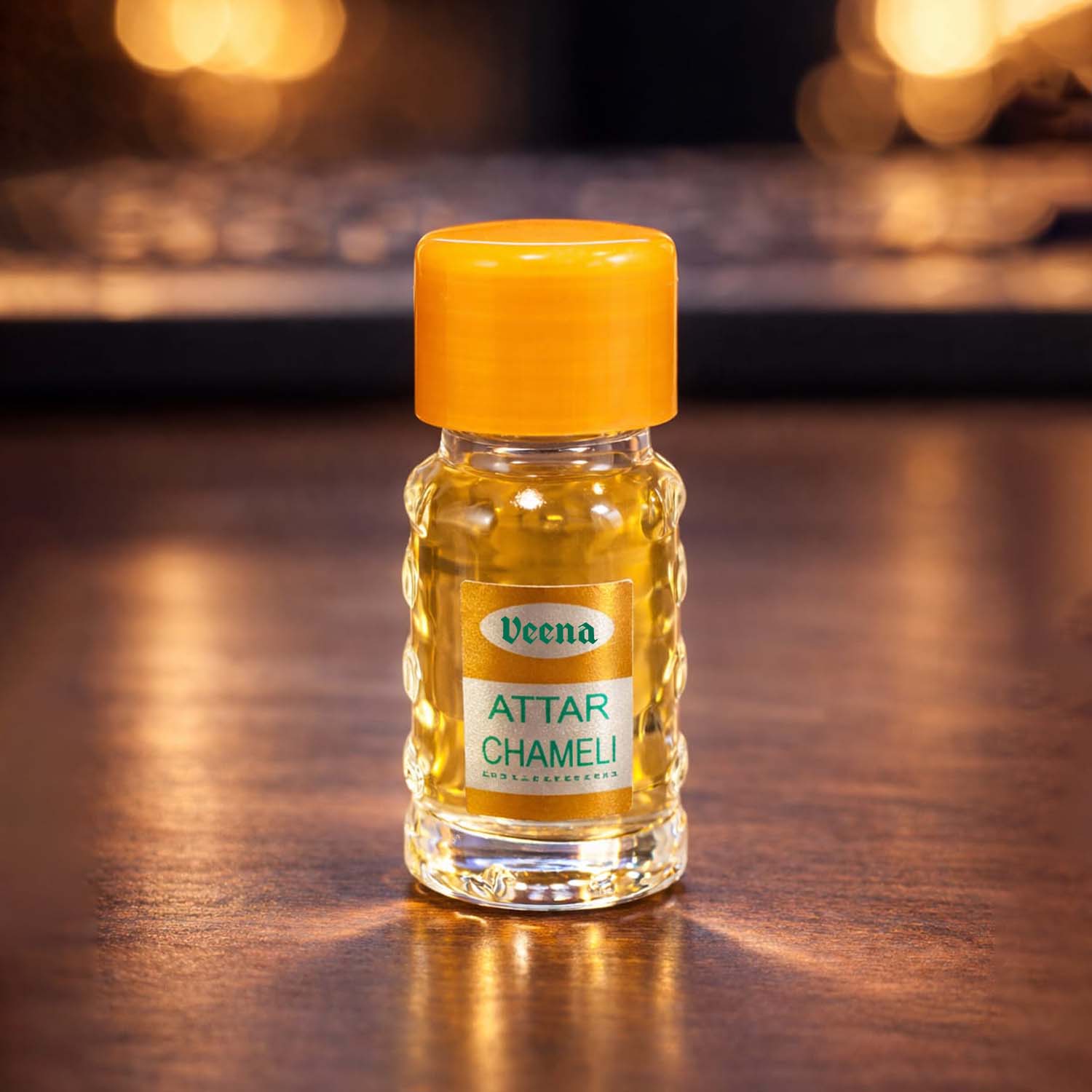 Veena Attar Chameli concentrated white jasmine perfume oil bottle beautifully backlit on a rustic wooden table.