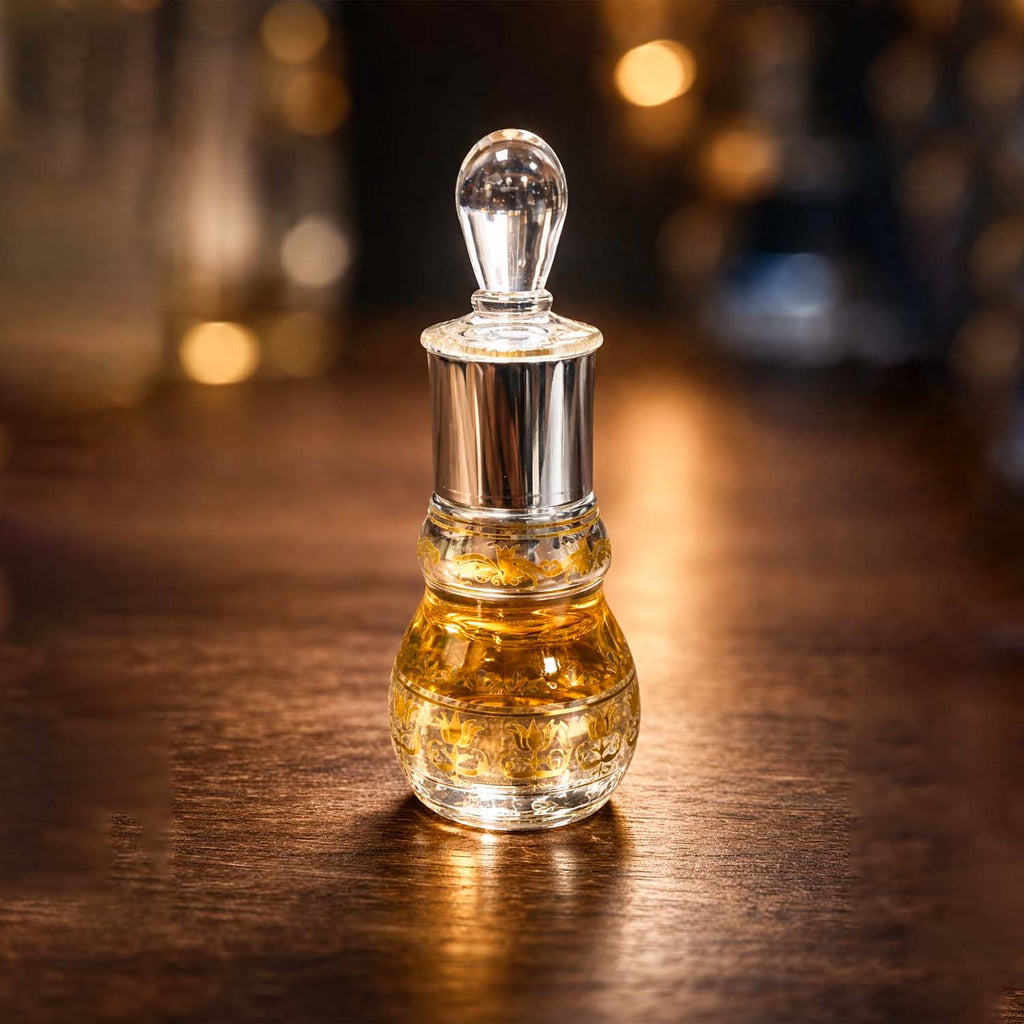 Veena Royal Series Oudh Wood pure perfume concentrate bottle highlighted under luxury golden cinematic lighting.
