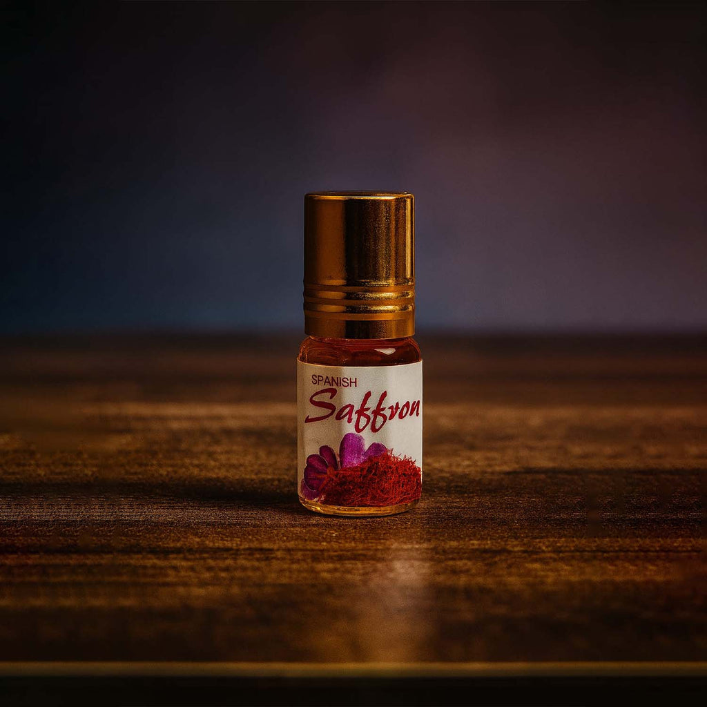 Veena Spanish Saffron intense kesar apparel attar bottle capturing its rich golden color.