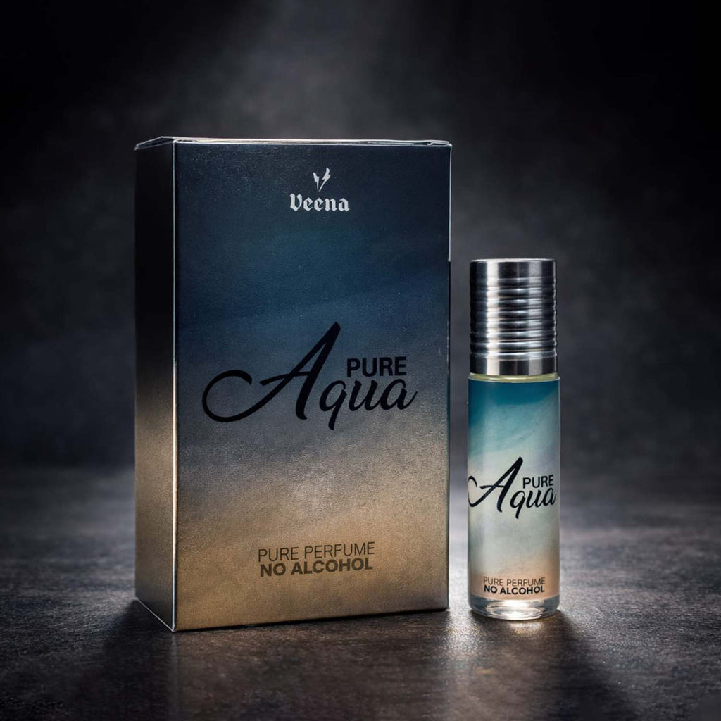 Veena luxury Pure Aqua perfume oil pocket roll-on standing next to its premium blue and gold gradient presentation box.