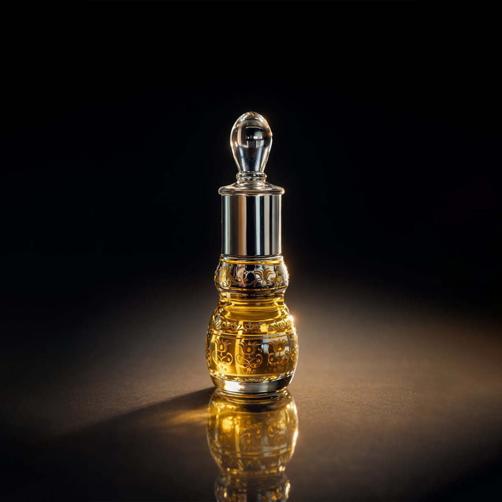 Veena Royal Series Amber Magique pure perfume concentrate bottle highlighted under luxury golden cinematic lighting.
