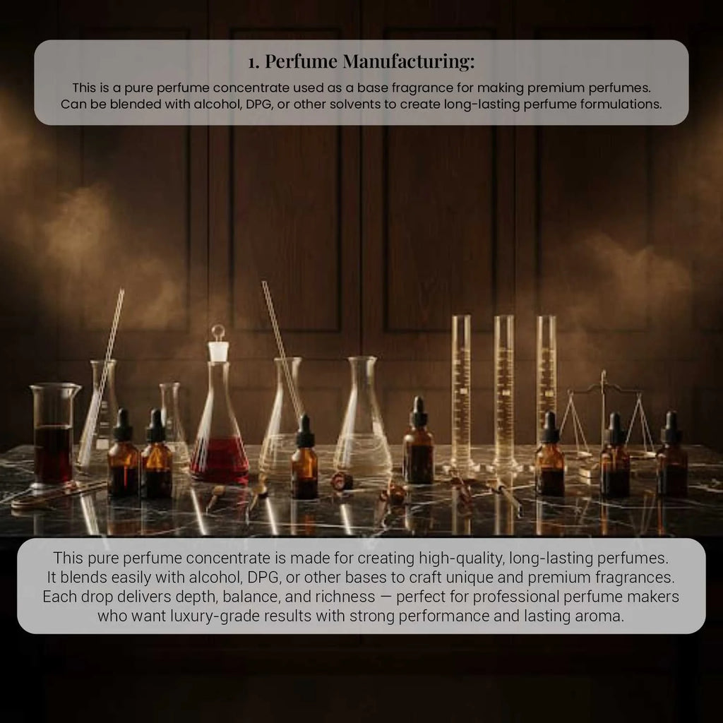 Professional perfume manufacturing laboratory setup with beakers and fragrance concentrate bottles.