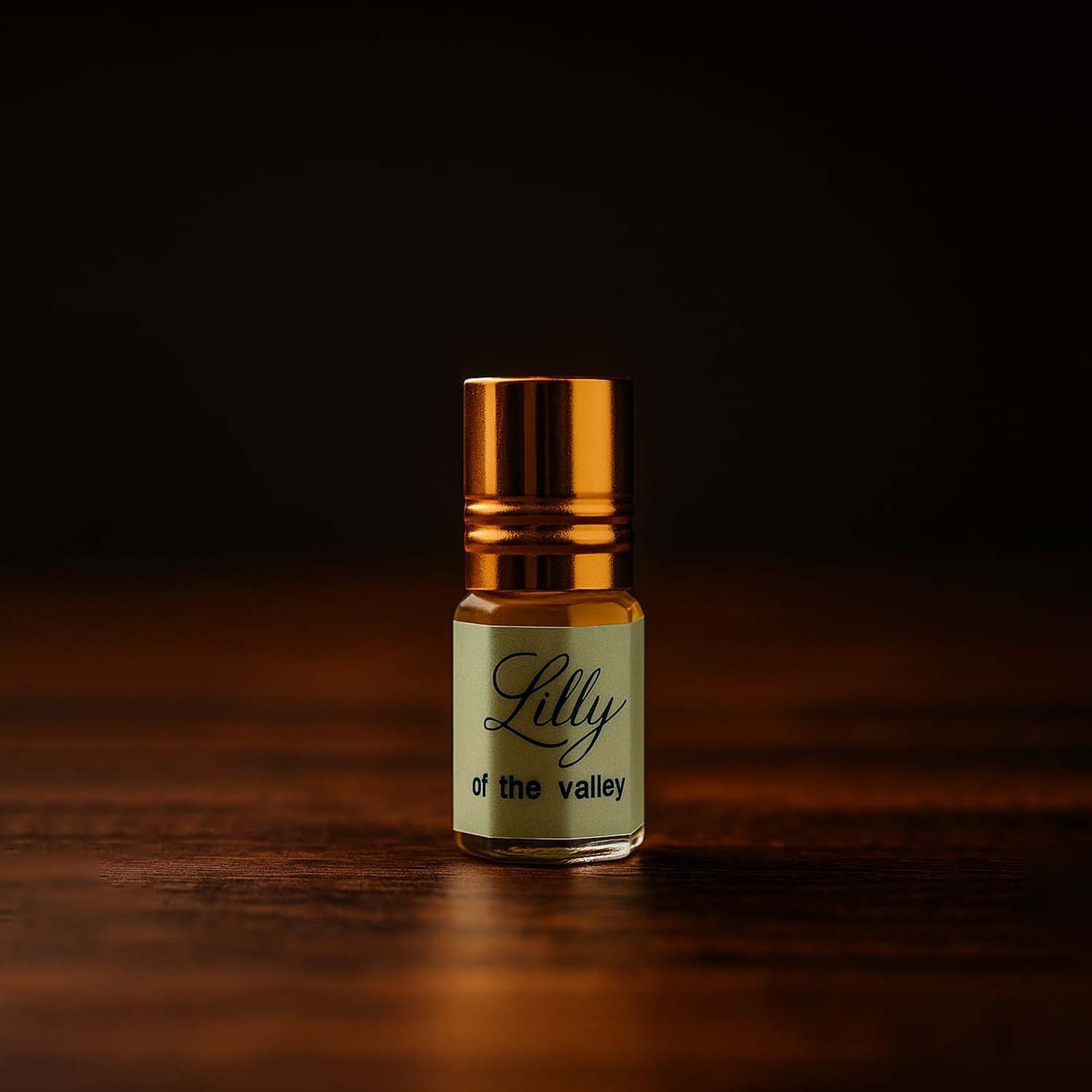 Veena Lilly of the Valley delicate white floral apparel attar bottle casting soft shadows.