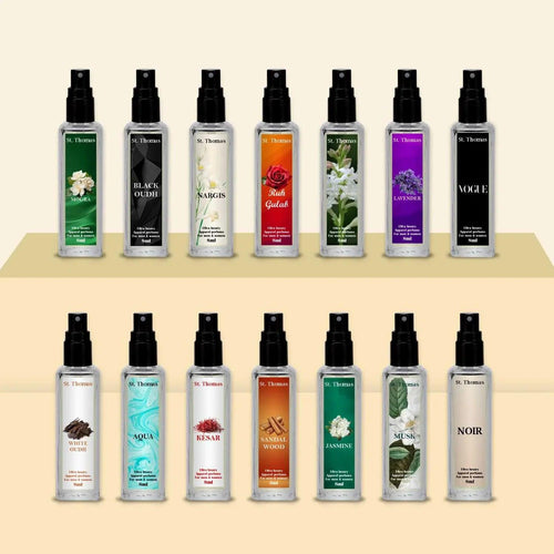 St Thomas ultra luxury apparel perfume discovery set with fourteen 8ml glass bottle variants
