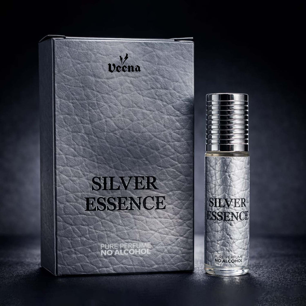 Veena luxury Silver Essence perfume oil pocket roll-on standing next to its premium dark leather-grain presentation box.