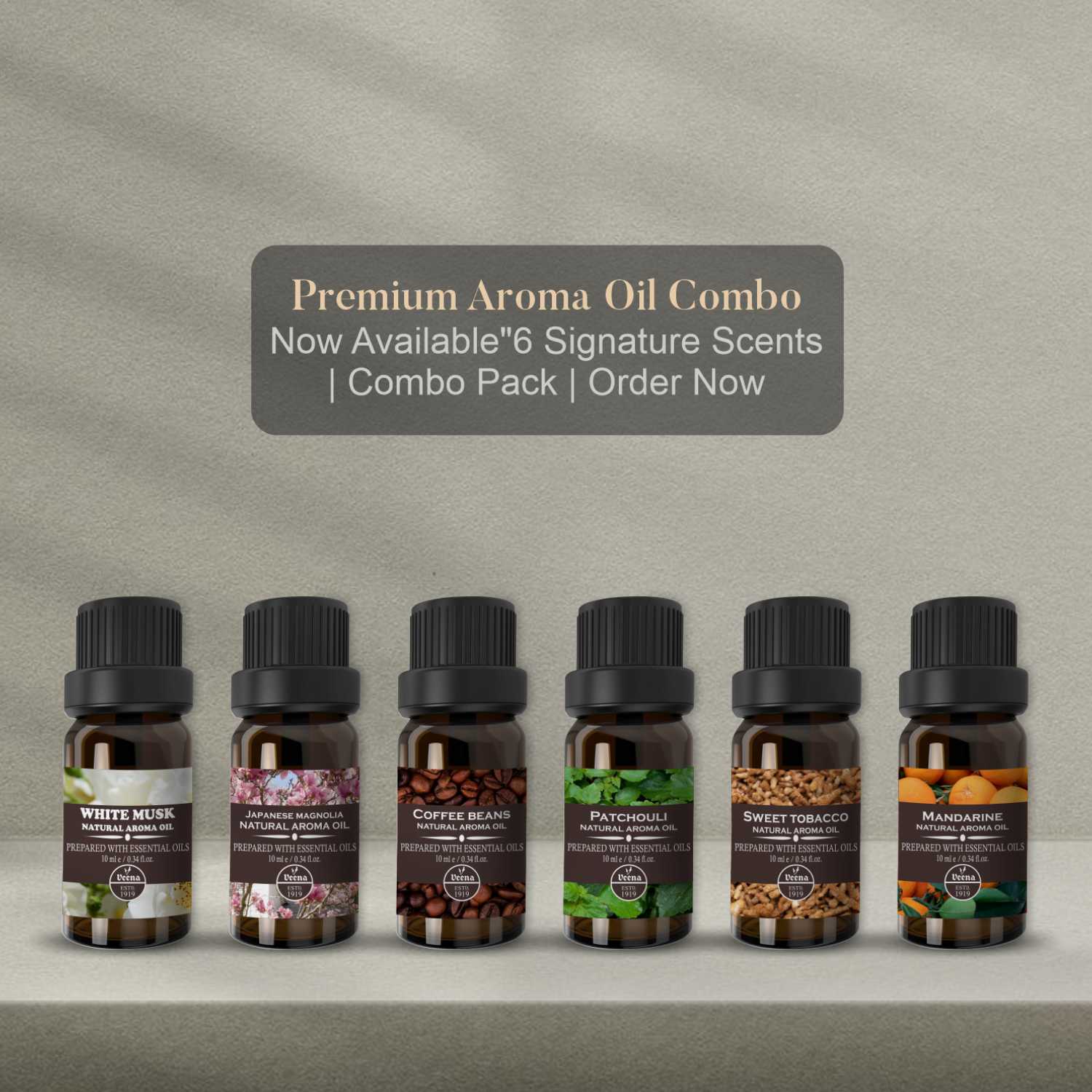 Premium Aroma Oil Combo - 6 Signature Scents (White Musk, Magnolia, Coffee, Patchouli, Tobacco, Mandarin)