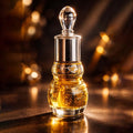 Veena Royal Series Seductive Rose pure perfume concentrate bottle highlighted under luxury golden cinematic lighting.