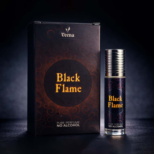 Veena luxury Black Flame perfume oil pocket roll-on standing next to its premium matte black and amber presentation box.